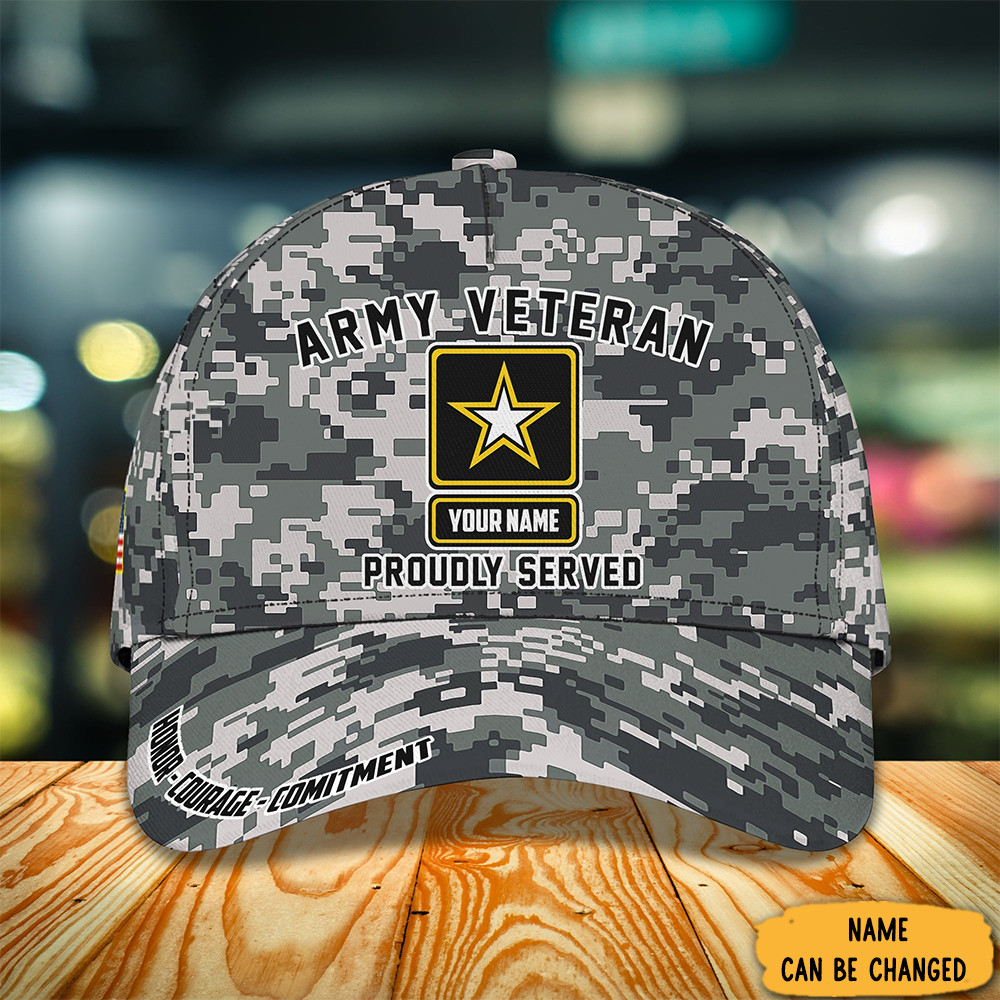 Custom Army Veteran Hat Proudly Served Camo Hat Honor Courage Commitment Cap Veterans Gifts Trucker Hats Custom Hats Gifts For Men & Women