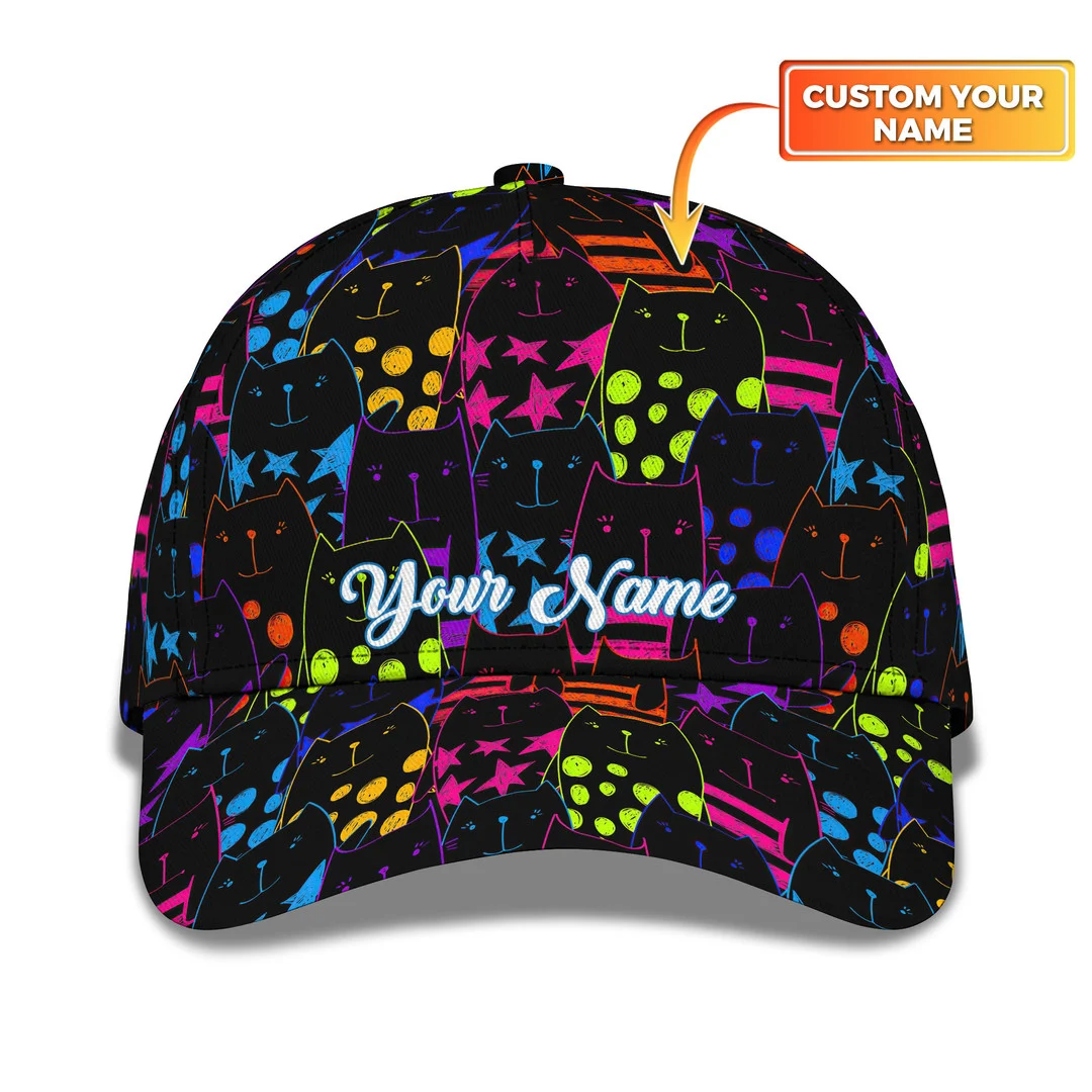 Custom Baseball Cap Personalized Text Hat Colorful Cartoon Cat Drawing for Adult Trucker Hats Custom Hats Gifts For Men & Women