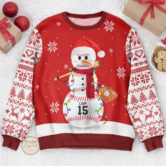 Custom Baseball Snowman Ugly Sweater, Personalized Sport Christmas Sweater with Name and Number, - Image 9