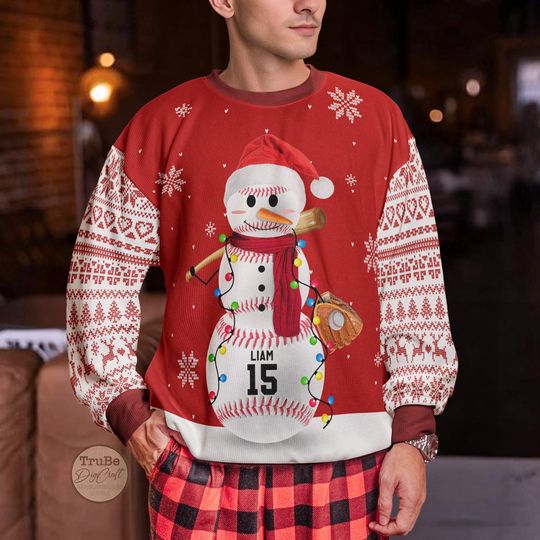 Custom Baseball Snowman Ugly Sweater, Personalized Sport Christmas Sweater with Name and Number, - Image 7