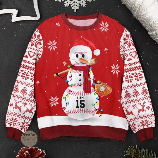 Custom Baseball Snowman Ugly Sweater, Personalized Sport Christmas Sweater with Name and Number, - Image 8