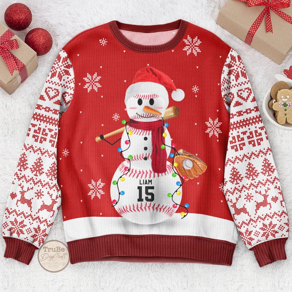 Custom Baseball Snowman Ugly Sweater, Personalized Sport Christmas Sweater with Name and Number, - Image 4