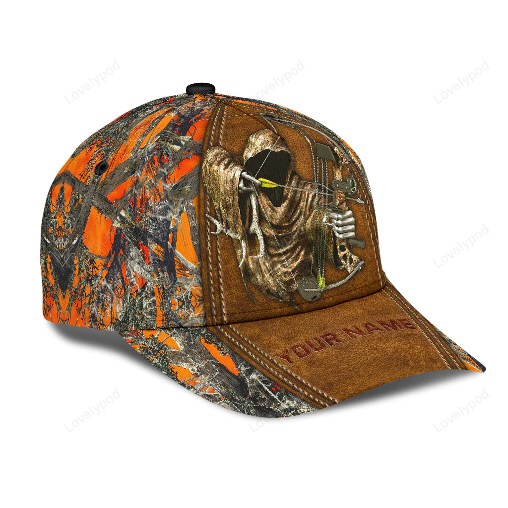 Custom Bow Hunting Classic Cap Orange Leather Camo Pattern Baseball Hunting Cap Hat Trucker Hats Custom Hats Gifts For Men & Women