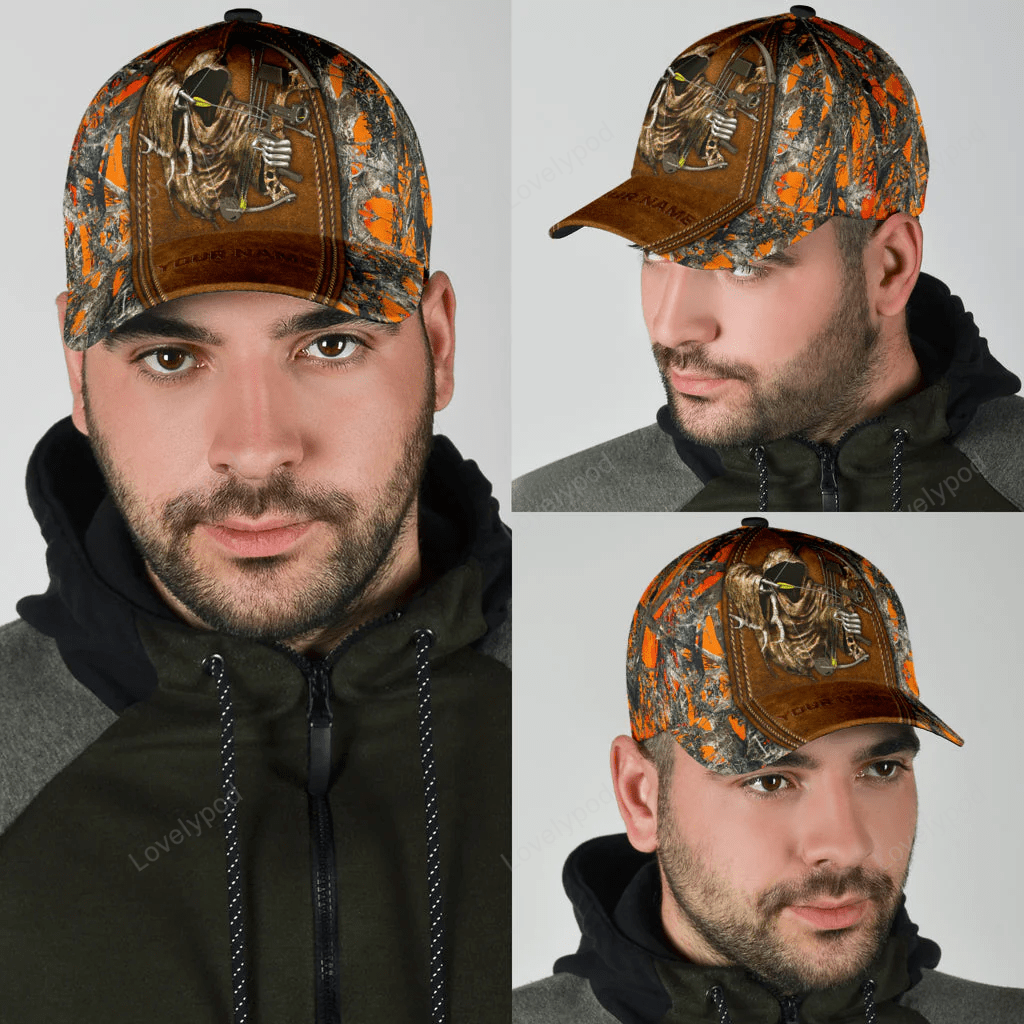 Custom Bow Hunting Classic Cap Orange Leather Camo Pattern Baseball Hunting Cap Hat Trucker Hats Custom Hats Gifts For Men & Women