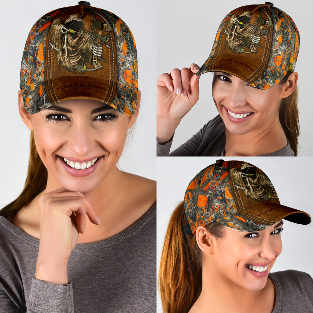 Custom Bow Hunting Classic Cap Orange Leather Camo Pattern Baseball Hunting Cap Hat Trucker Hats Custom Hats Gifts For Men & Women