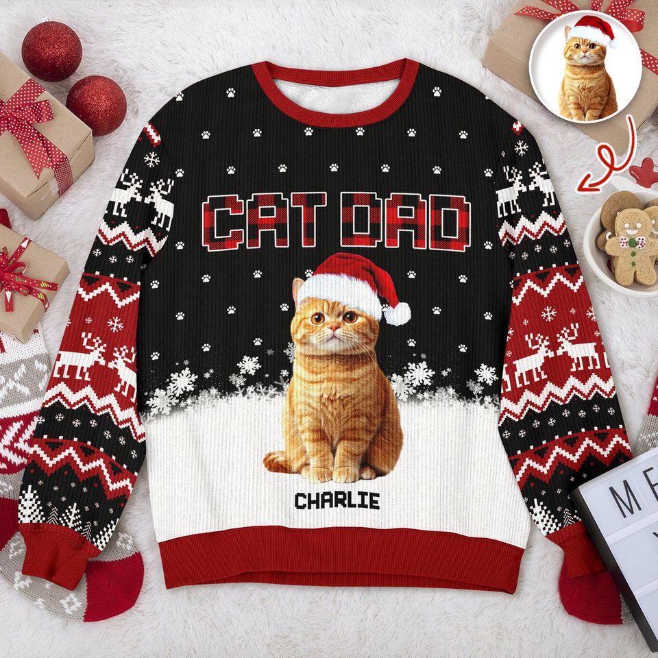 Custom Cat Photo - Cat Mom Cat Dad Christmas Pattern Ugly Sweater Christmas Gift