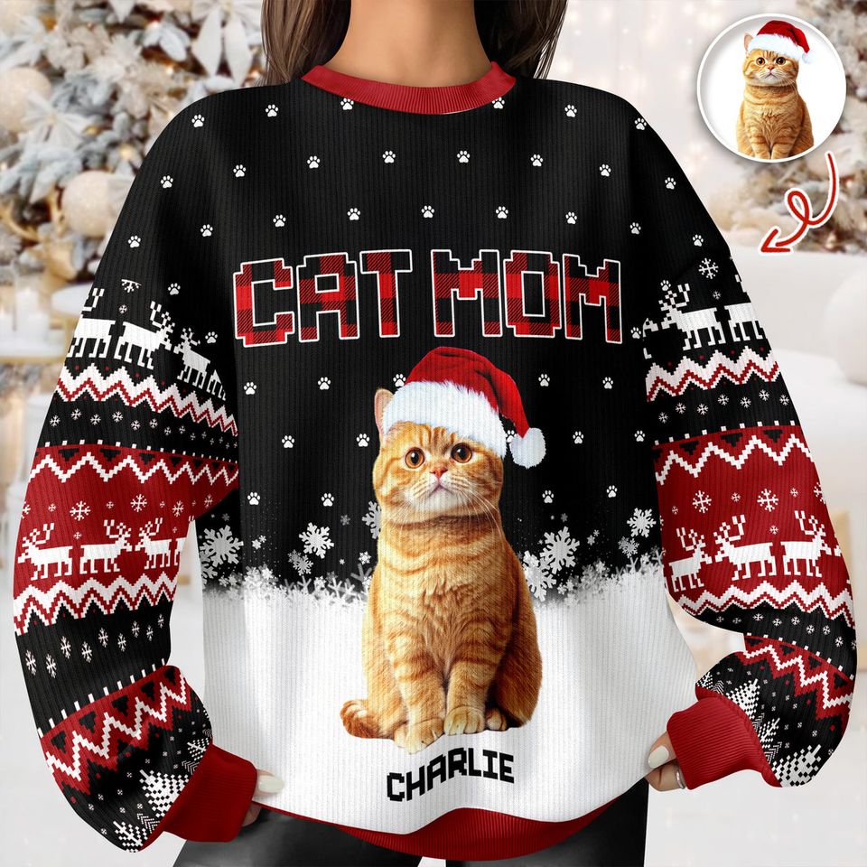 Custom Cat Photo - Cat Mom Cat Dad Christmas Pattern Ugly Sweater Christmas Gift - Image 2