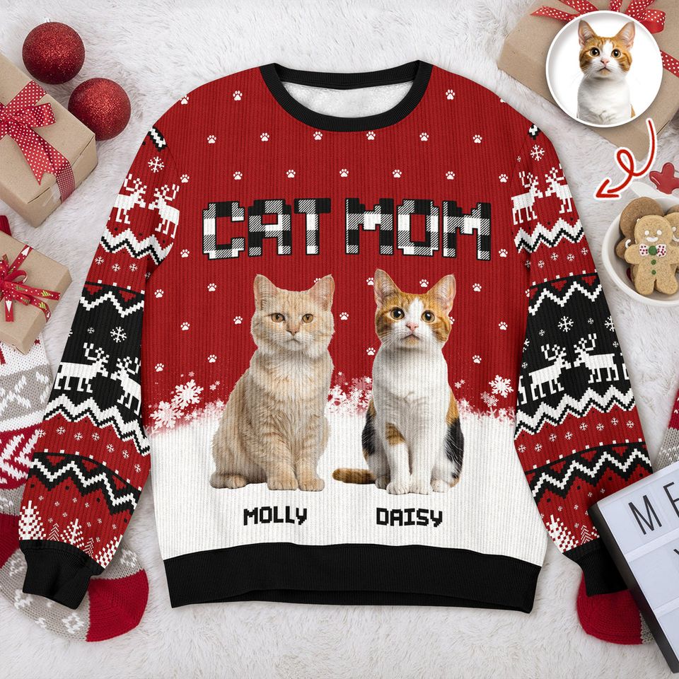 Custom Cat Photo - Cat Mom Cat Dad Christmas Pattern Ugly Sweater Christmas Gift - Image 3