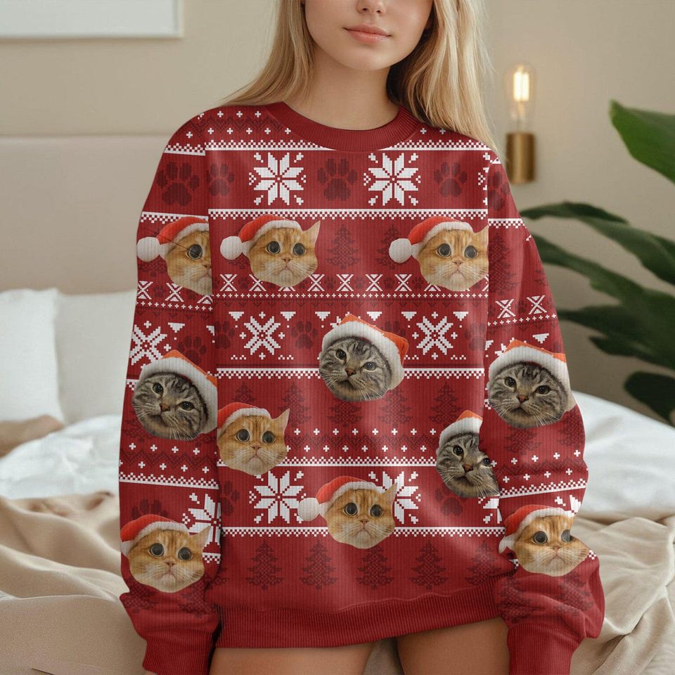 Custom Cat Photo May Your Christmas Be Furry And Bright Personalized Ugly Sweatshirt