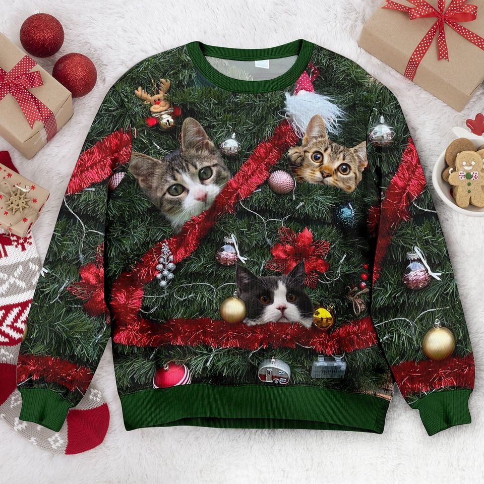 Custom Cats Face Xmas Leds, Personalized Pets Photo Ugly Sweater