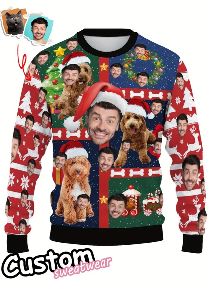 Custom Christmas Face Sweater - Personalized Photo and Pet Dog Print Ugly Holiday Sweatshirt