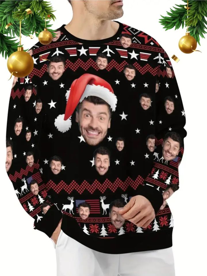 Custom Christmas Face Sweater with Santa Hat & Reindeer Snowflake Design - Image 2