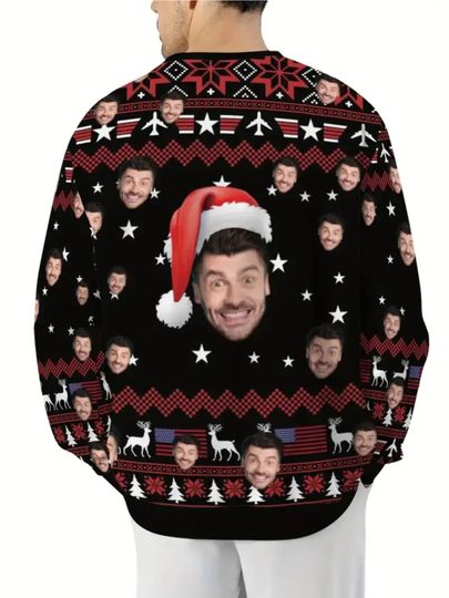 Custom Christmas Face Sweater with Santa Hat & Reindeer Snowflake Design - Image 8