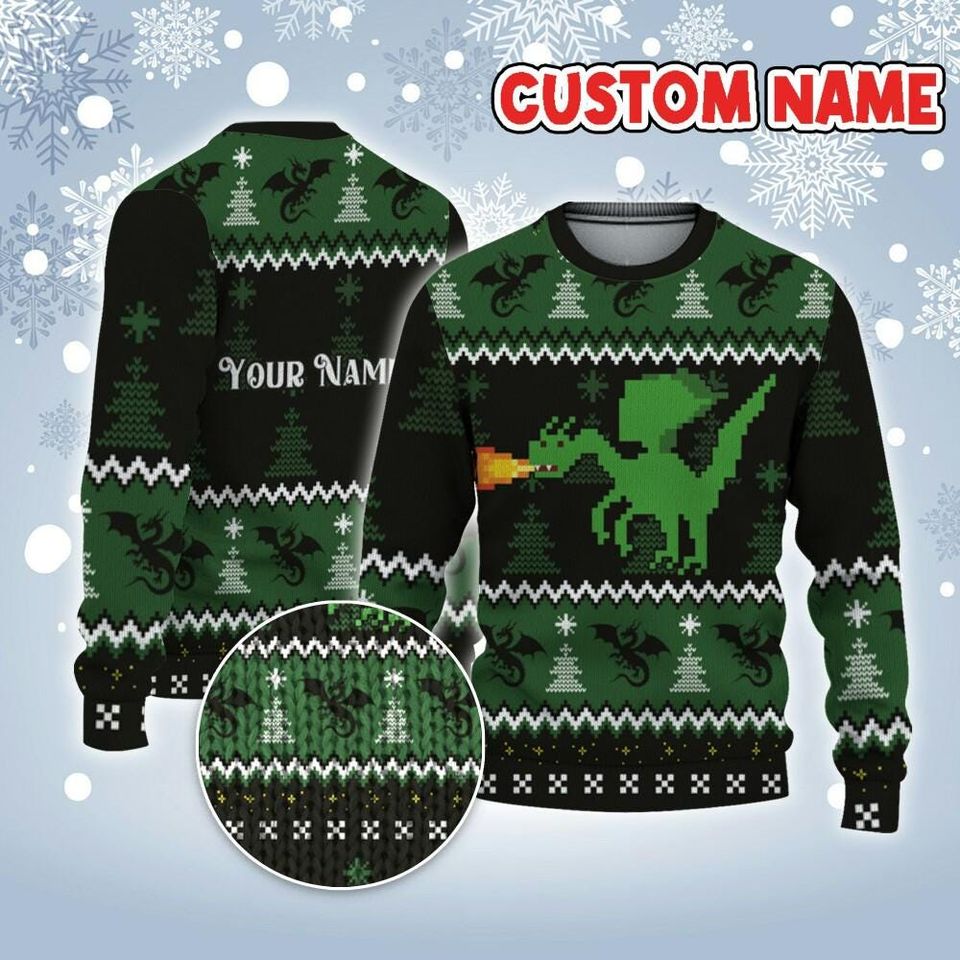 Custom Christmas Funny Green Dragon Ugly Sweater