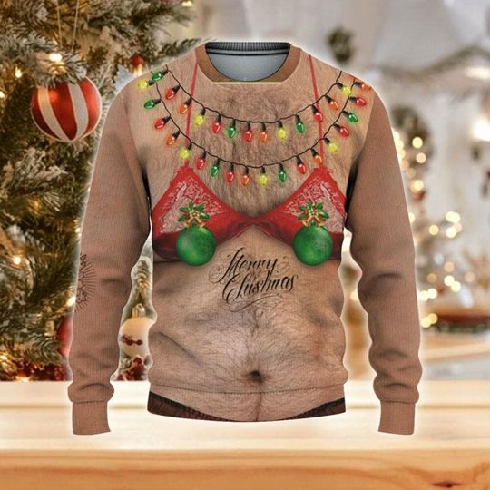 Custom Christmas Funny Holiday Big Fat Hairy Red Bikini Guy Ugly Sweater TKA79, Bikini Ugly Sweater - Image 8
