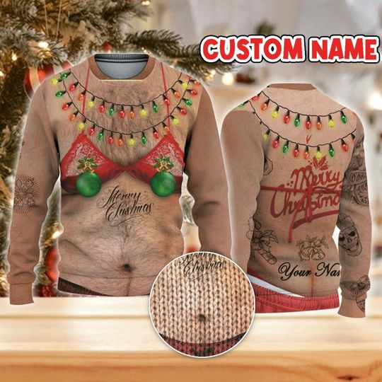 Custom Christmas Funny Holiday Big Fat Hairy Red Bikini Guy Ugly Sweater TKA79, Bikini Ugly Sweater - Image 7