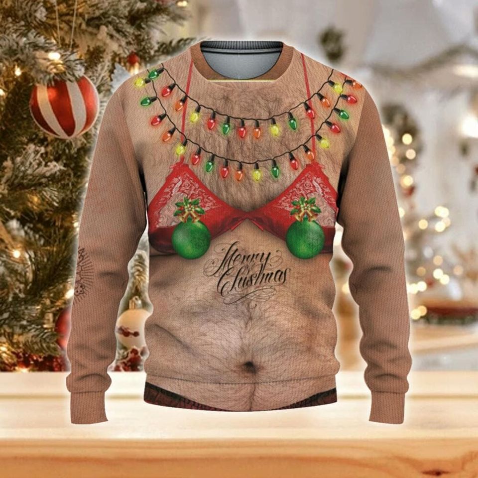 Custom Christmas Funny Holiday Big Fat Hairy Red Bikini Guy Ugly Sweater TKA79, Bikini Ugly Sweater - Image 3