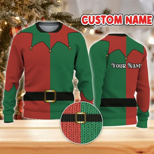 Custom Christmas Funny Holiday Red And Green Elf Suit Ugly Sweater TKA79, Elf Cosplay Ugly Sweater - Image 6