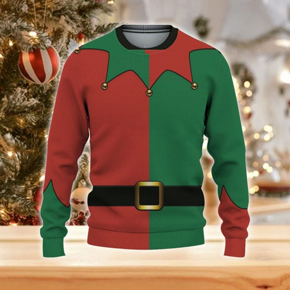 Custom Christmas Funny Holiday Red And Green Elf Suit Ugly Sweater TKA79, Elf Cosplay Ugly Sweater - Image 3