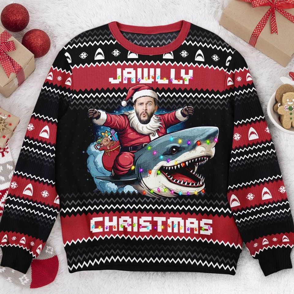 Custom Christmas Riding Shark Christmas Ugly Sweater, Personalized Photo Ugly Sweater - Image 2