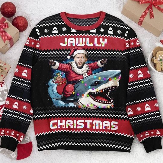 Custom Christmas Riding Shark Christmas Ugly Sweater, Personalized Photo Ugly Sweater - Image 6
