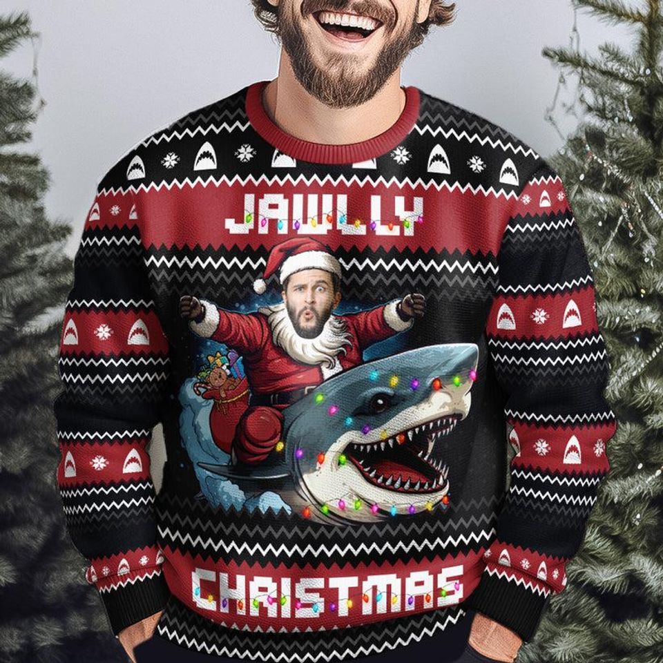 Custom Christmas Riding Shark Christmas Ugly Sweater, Personalized Photo Ugly Sweater - Image 4