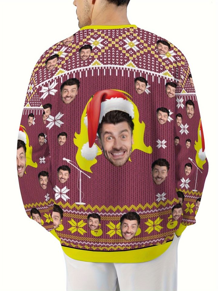 Custom Christmas Sweater - Personalized Face & Holiday Print, Long Sleeve Crew Neck - Image 2