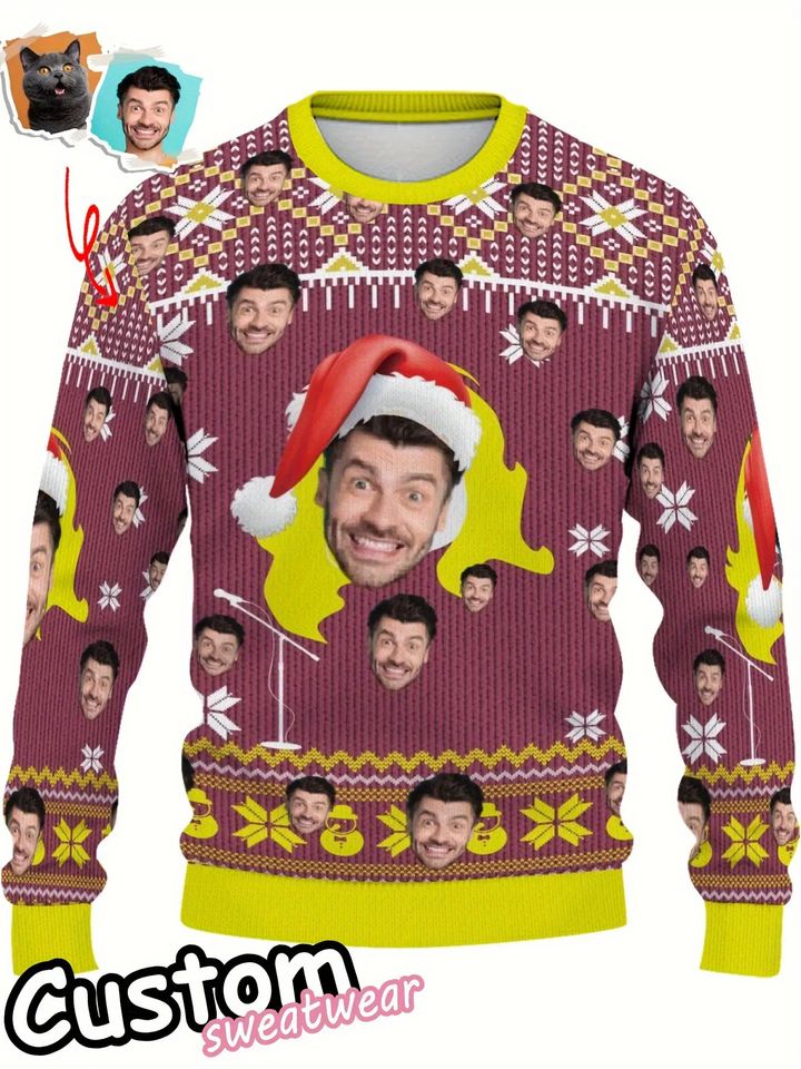 Custom Christmas Sweater - Personalized Face & Holiday Print, Long Sleeve Crew Neck
