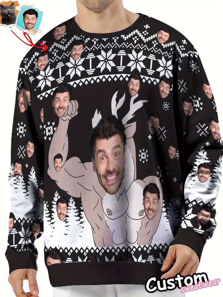 Custom Christmas Sweater - Personalized Full-Body Digital Print with Face & Santa Hat, Long Sleeve Crew Neck, Snowflake & Holly Pattern