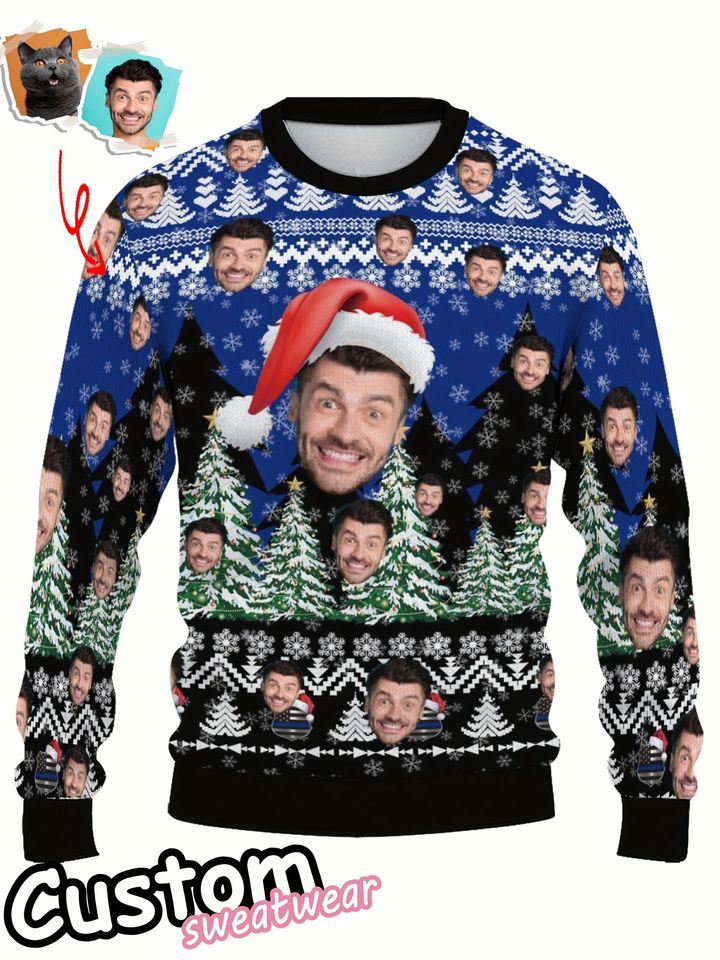 Custom Christmas Sweatshirt - Crew Neck Long Sleeve, Personalized Face Print