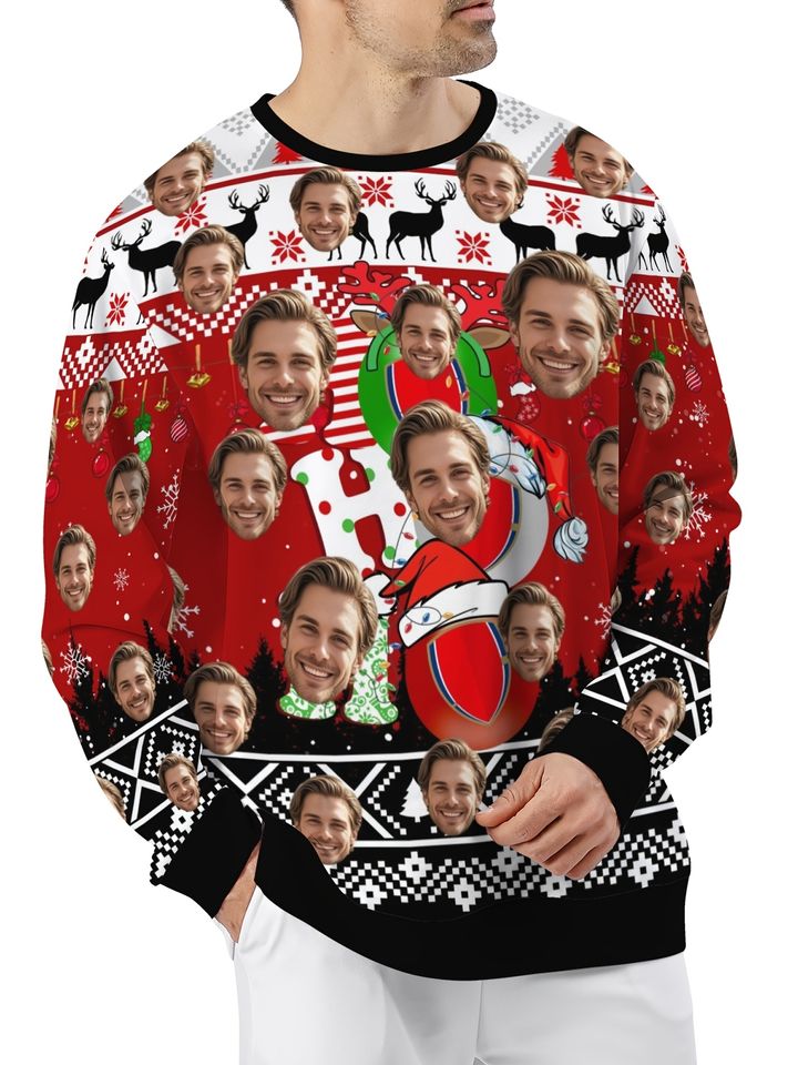 Custom Christmas Sweatshirt - Personalized Face & Holiday Snowflake Santa Red Crew Neck - Image 5