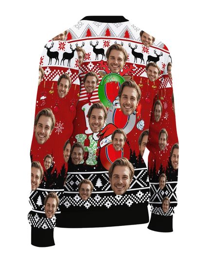 Custom Christmas Sweatshirt - Personalized Face & Holiday Snowflake Santa Red Crew Neck - Image 9