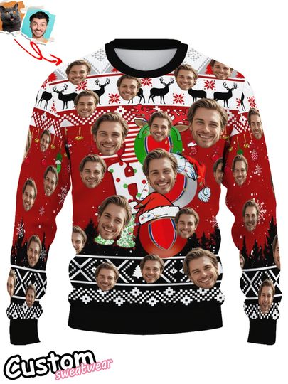 Custom Christmas Sweatshirt - Personalized Face & Holiday Snowflake Santa Red Crew Neck - Image 6