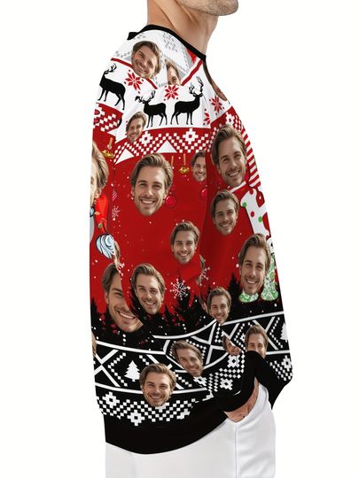 Custom Christmas Sweatshirt - Personalized Face & Holiday Snowflake Santa Red Crew Neck - Image 8