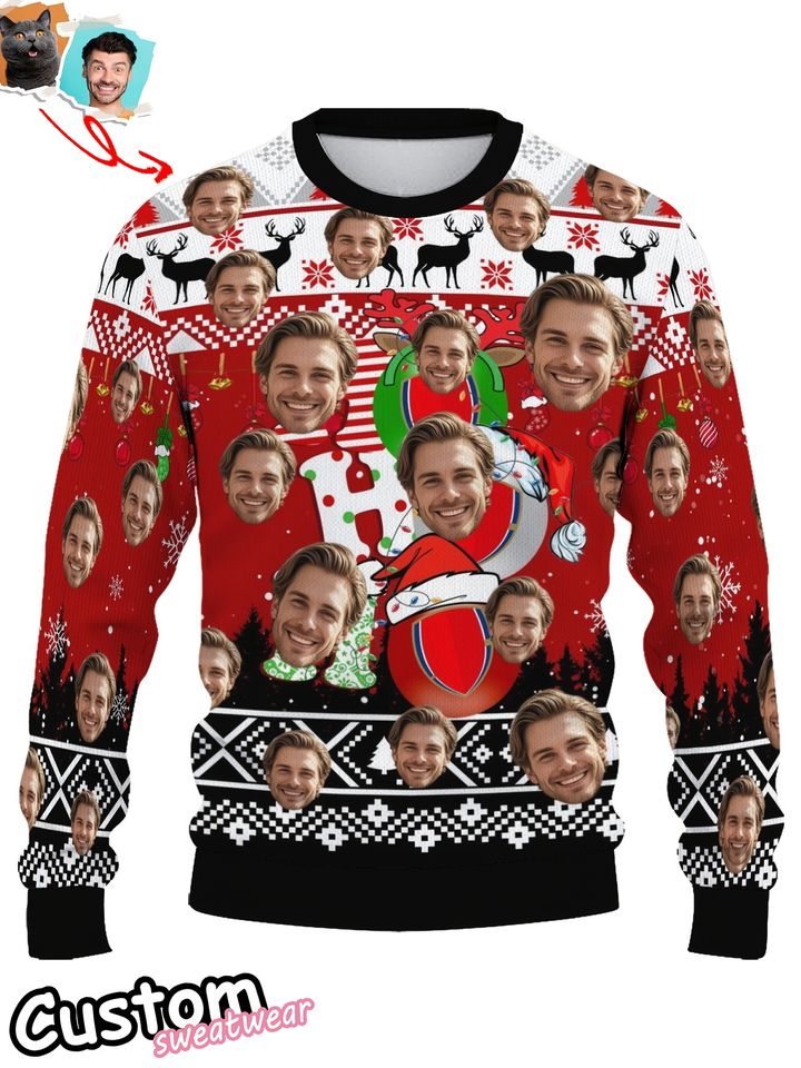 Custom Christmas Sweatshirt - Personalized Face & Holiday Snowflake Santa Red Crew Neck