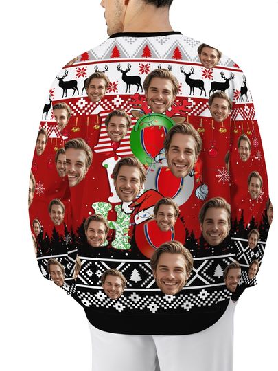 Custom Christmas Sweatshirt - Personalized Face & Holiday Snowflake Santa Red Crew Neck - Image 7