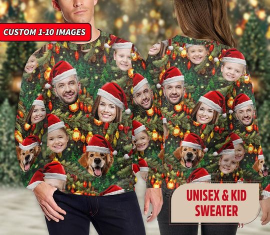 Custom Christmas Ugly Sweater With Face Photo, Funny Family Friend Dog Cat