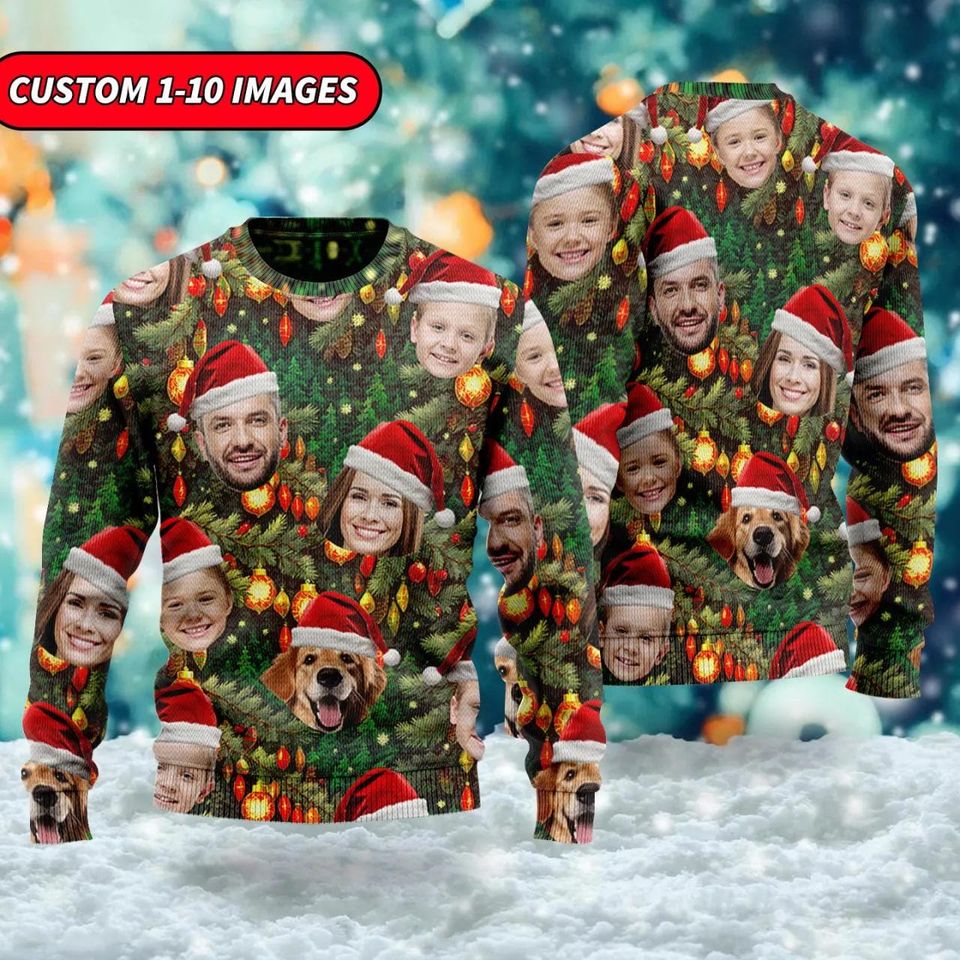 Custom Christmas Ugly Sweater With Face Photo, Funny Family Friend Dog Cat