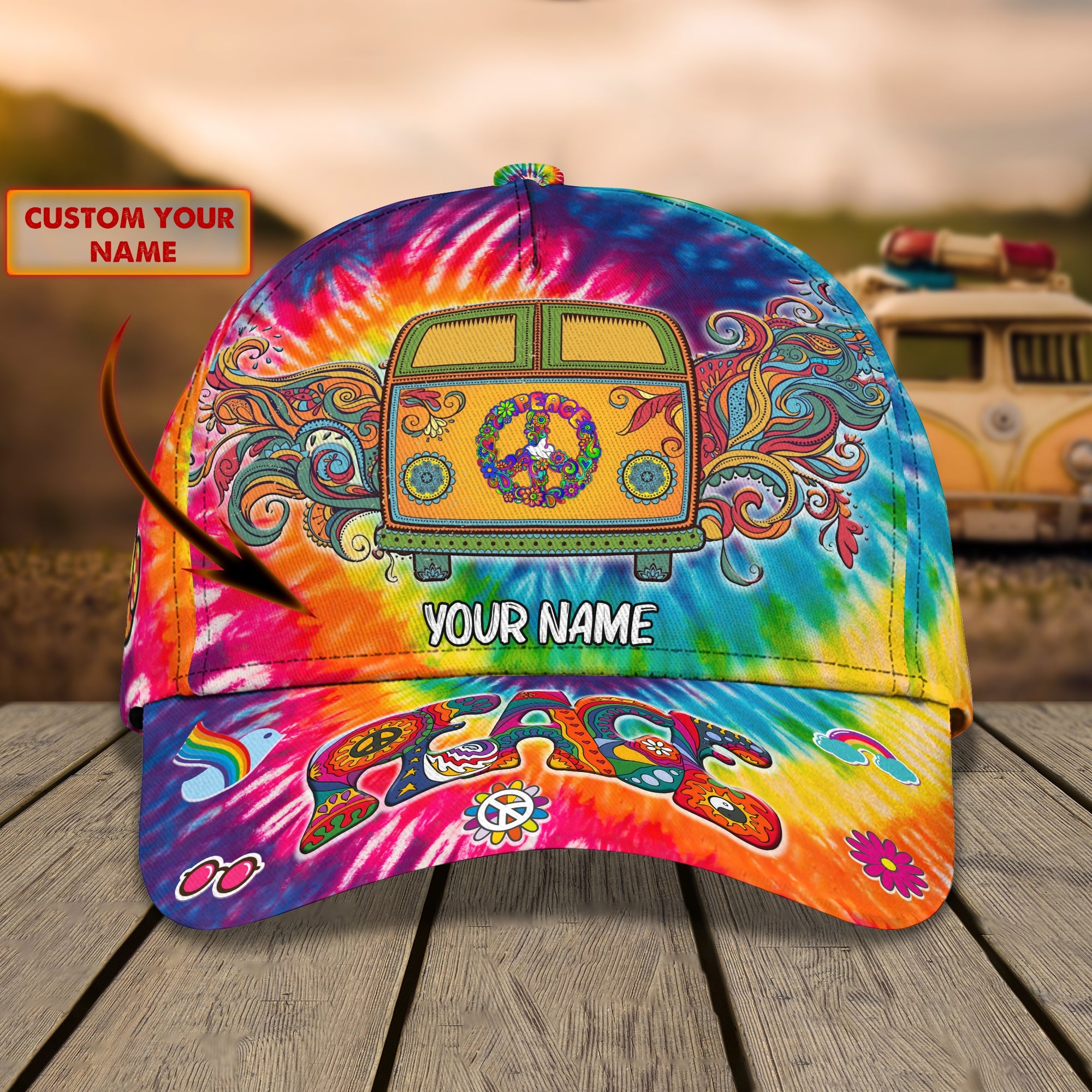 Custom Classic Cap Colorful Hippie Car - Personalized Name Hat Trucker Hats Custom Hats Gifts For Men & Women