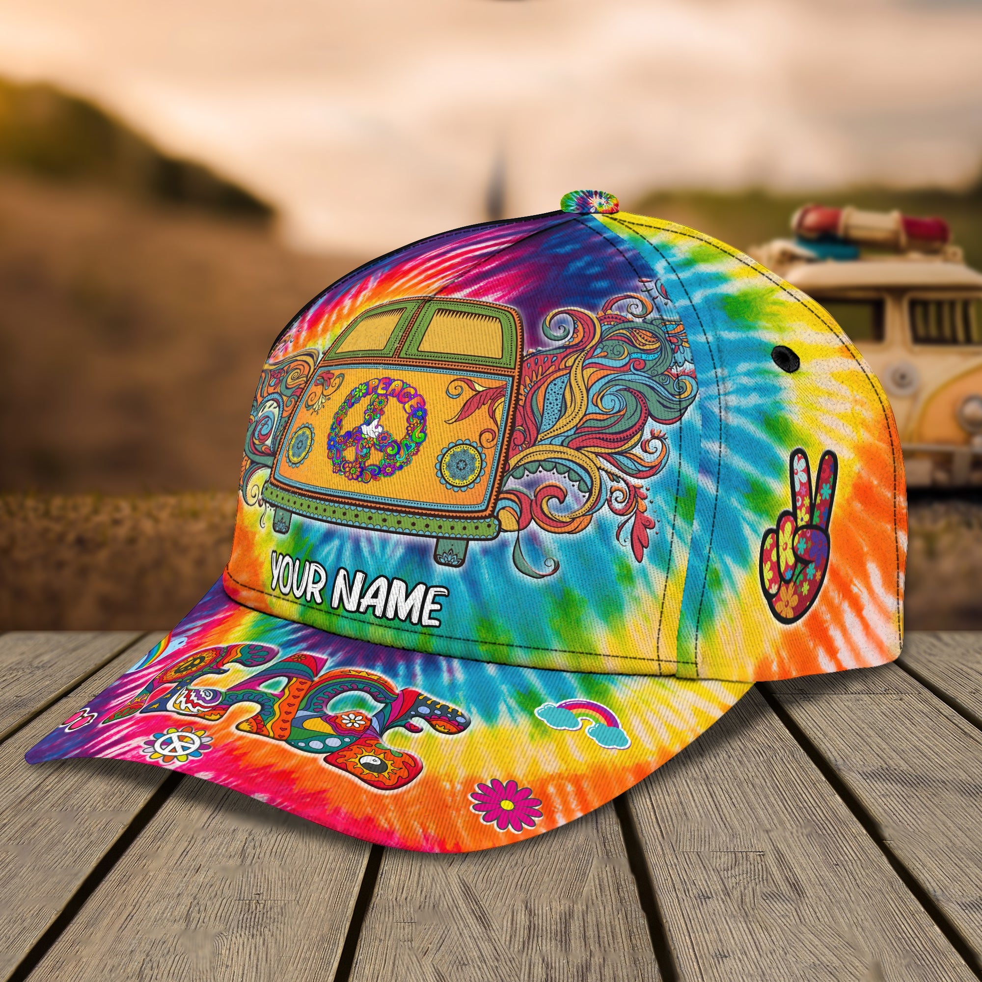 Custom Classic Cap Colorful Hippie Car - Personalized Name Hat Trucker Hats Custom Hats Gifts For Men & Women