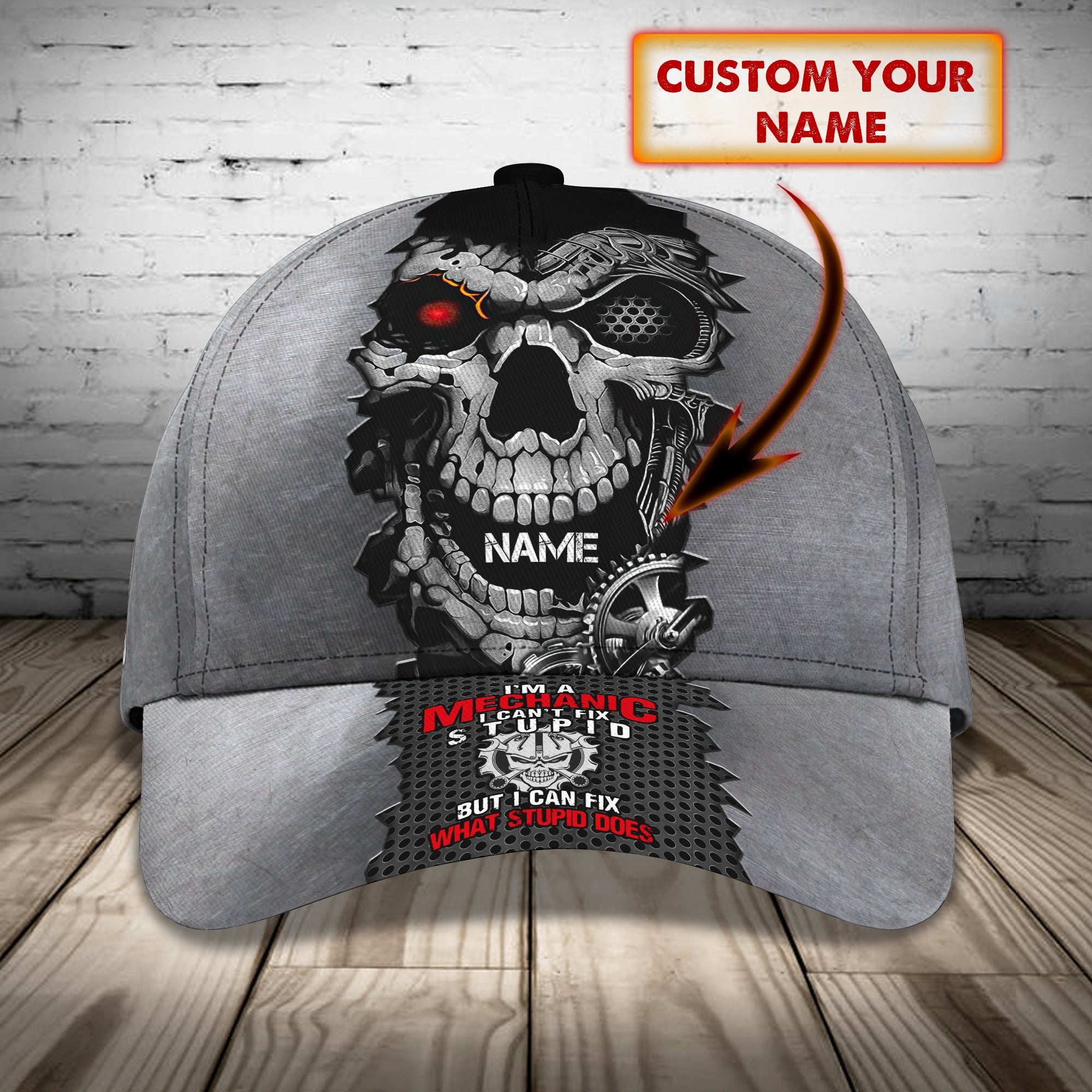 Custom Classic Cap - Personalized Mechanic Skull Name Cap Trucker Hats Custom Hats Gifts For Men & Women