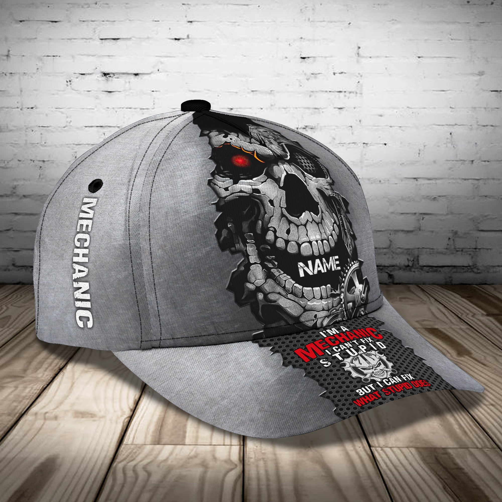 Custom Classic Cap – Personalized Mechanic Skull Name Cap Trucker Hats Custom Hats Gifts For Men & Women