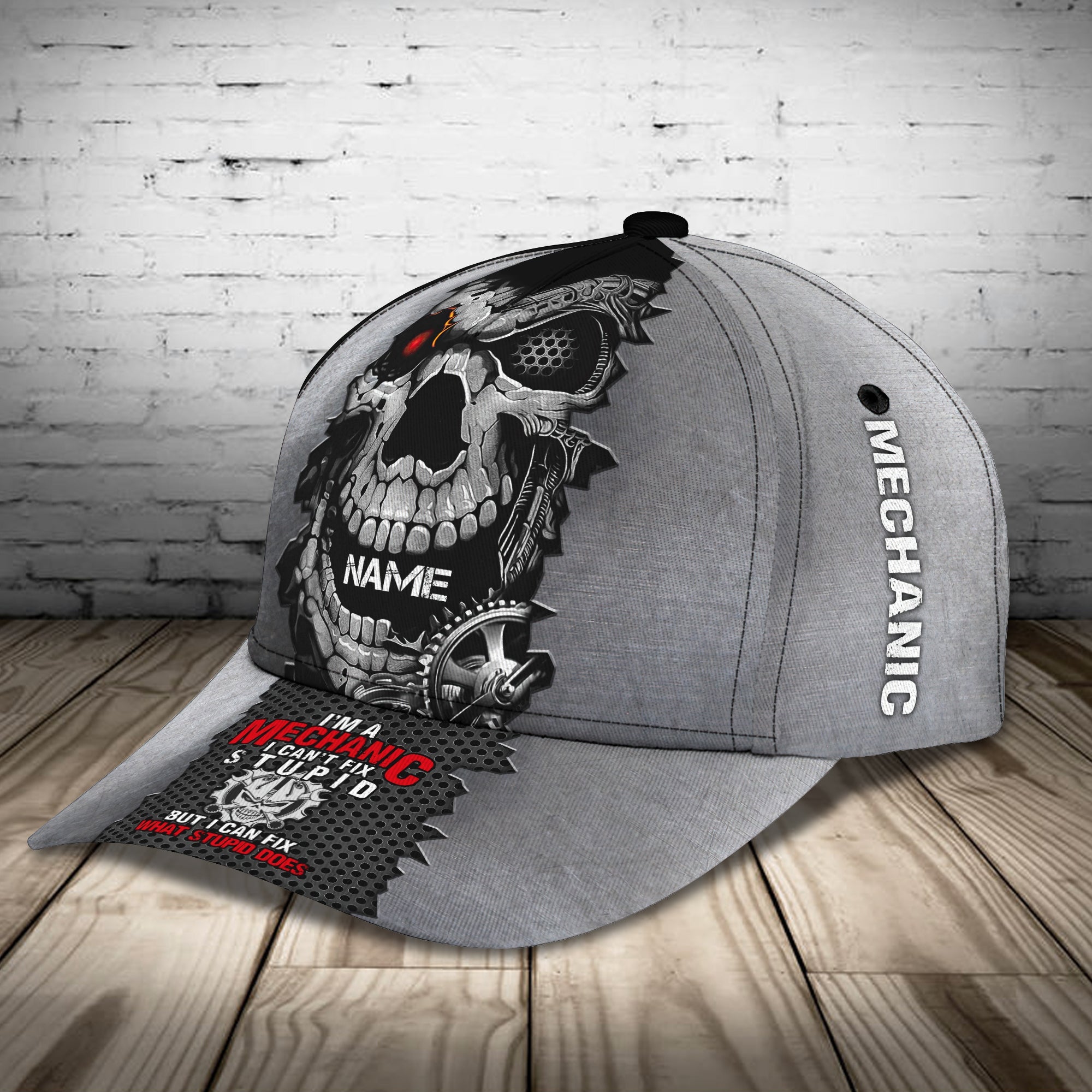 Custom Classic Cap - Personalized Mechanic Skull Name Cap Trucker Hats Custom Hats Gifts For Men & Women