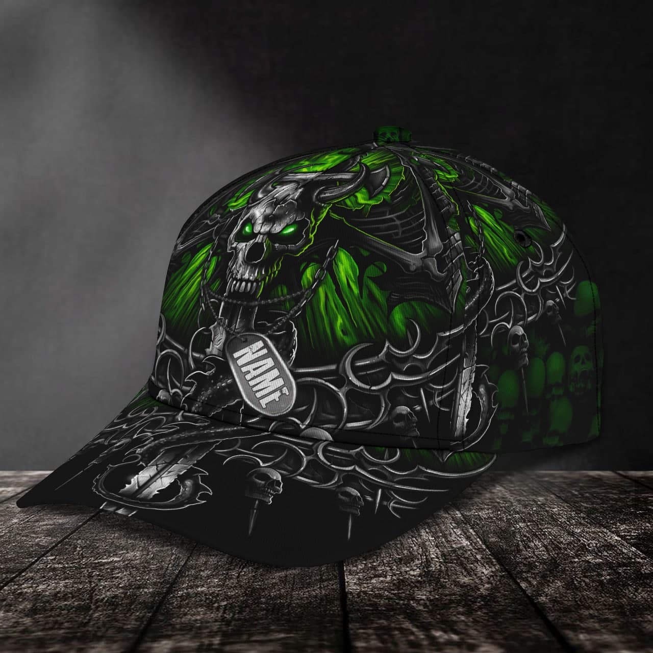Custom Classic Cap Skull And Military Tag - Personalized Name  Black Cap Trucker Hats Custom Hats Gifts For Men & Women