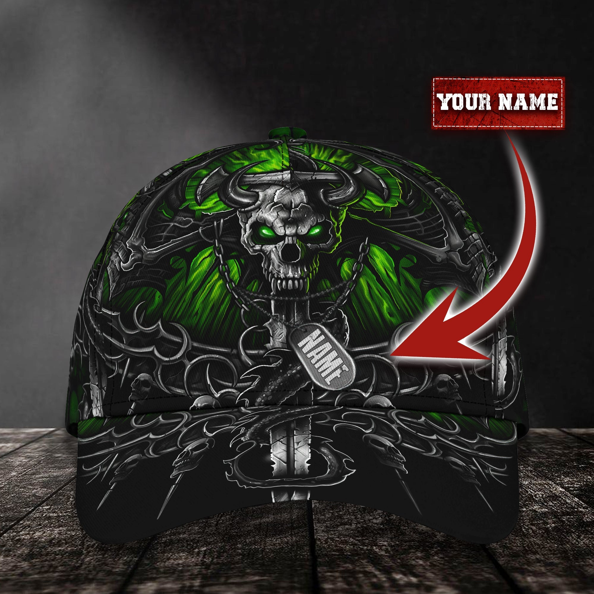 Custom Classic Cap Skull And Military Tag - Personalized Name  Black Cap Trucker Hats Custom Hats Gifts For Men & Women