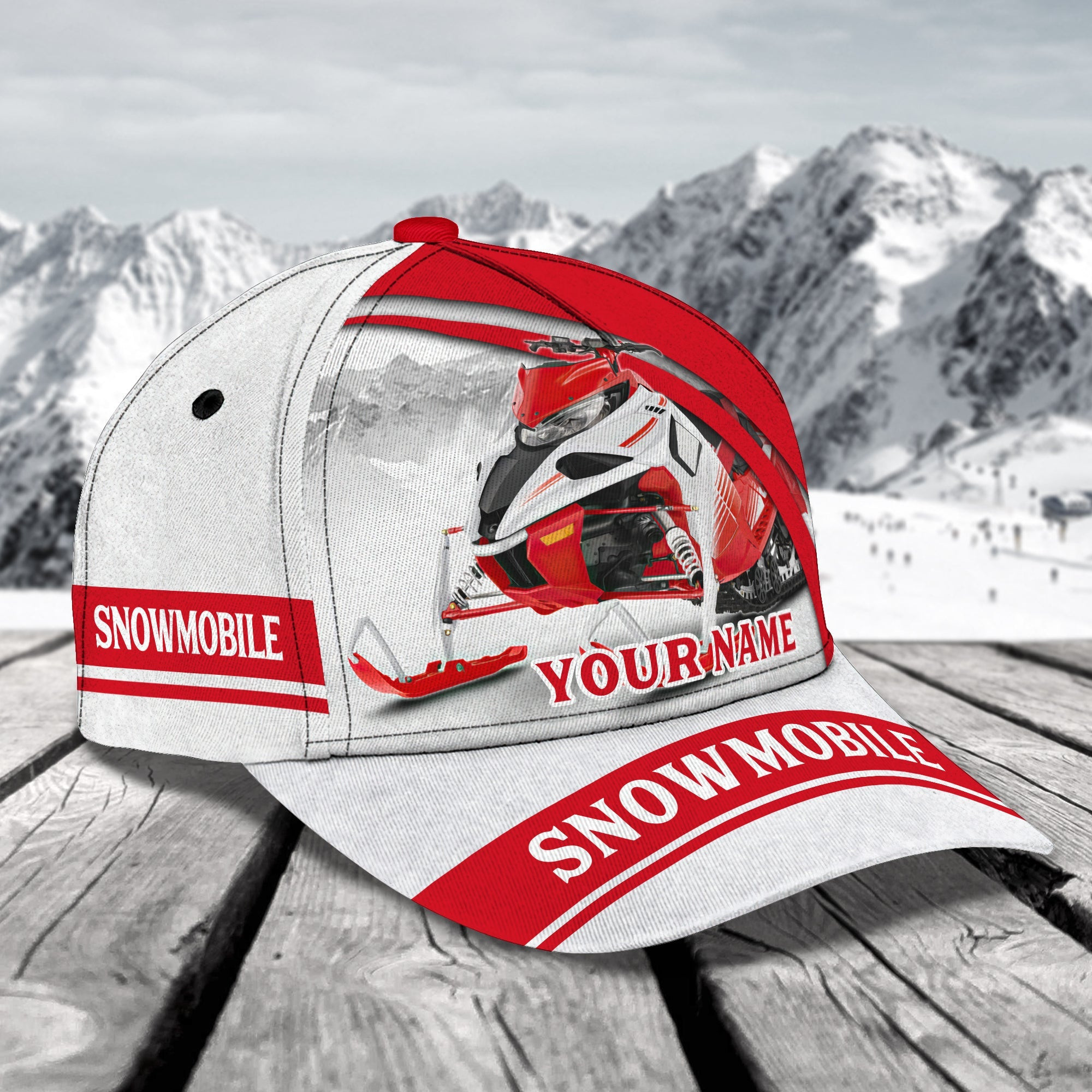 Custom Classic Red Snowmobile Personalized Name Cap Trucker Hats Custom Hats Gifts For Men & Women