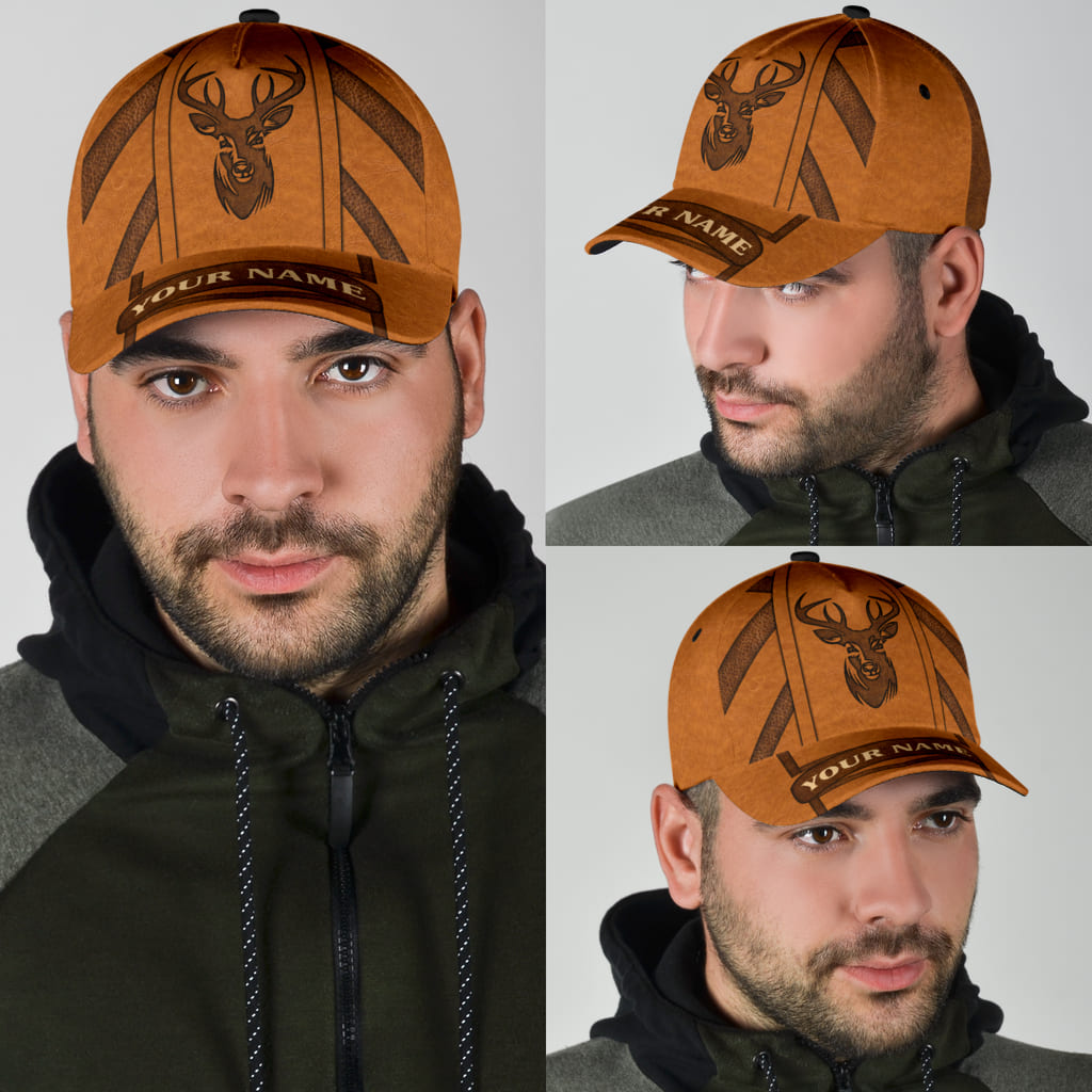 Custom Deer Hunting Classic Cap Hat Brown Leather Pattern Cap Hat Trucker Hats Custom Hats Gifts For Men & Women