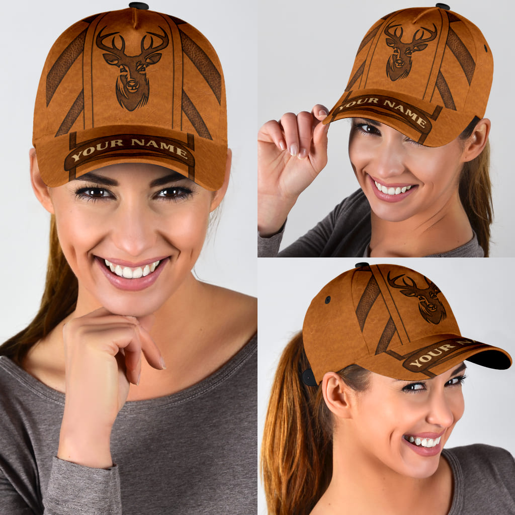 Custom Deer Hunting Classic Cap Hat Brown Leather Pattern Cap Hat Trucker Hats Custom Hats Gifts For Men & Women