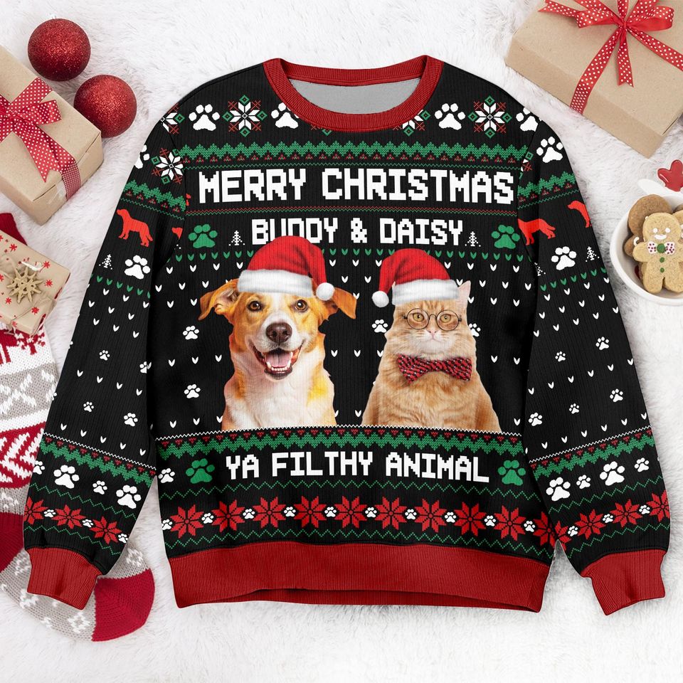Custom Dog & Cat Photo Ugly Christmas Sweater, Personalized Custom Dog