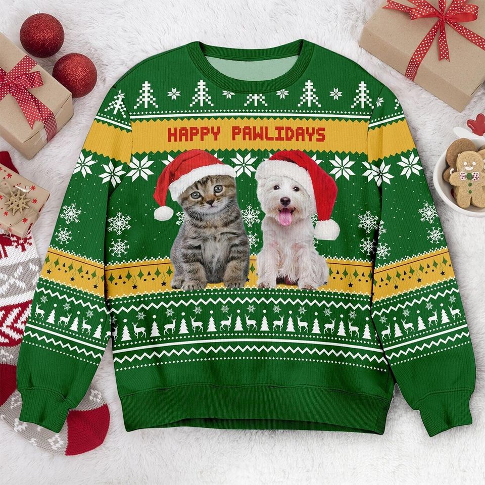 Custom Dog & Cat Photo Ugly Christmas Sweater, Personalized Custom Dog Photo Ugly Sweater, Funny Christmas Gift - Image 3